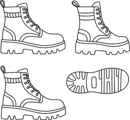 Boot Design Illustration, Side View, Angled View, Sole Tread Pattern, Rugged Footwear Sketch, Lace-Up Boot Drawing, Outdoor Shoe Vector, Durable Sole Art, Fashion Boot Design