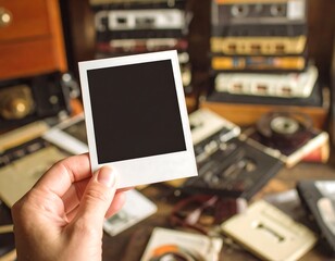 Hand Holding Blank Instant Photo Frame with Vintage Cassette Tapes and Memories