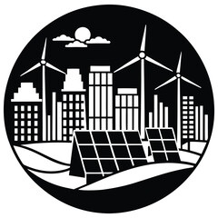 Black and white drawing showing renewable energy and urban sustainability