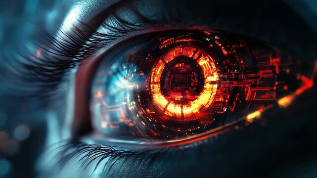 Futuristic bionic eye scanning with digital technology and glowing light