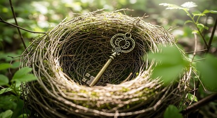 Lost and Found: An Ancient Key Rests Within a Rustic Bird's Nest Amidst Lush Green Foliage, Symbolizing Discovery, Potential, and Hidden Secrets