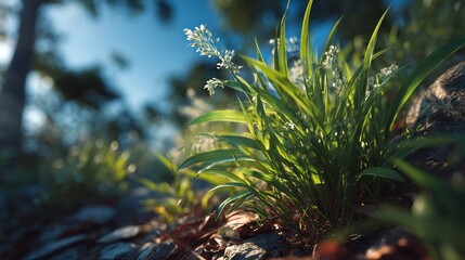 Sunlit foliage and white flowers on a forest floor bathed in golden light