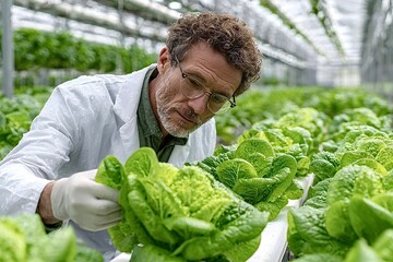 Agricultural scientist inspecting lettuce crops growing in hydroponic greenhouse