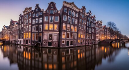 Enchanting Amsterdam Canals at Dusk: Historic Gabled Houses Reflecting on Tranquil Waterways, a Serene European Cityscape