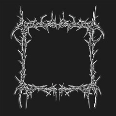 Dark tribal frame design with symmetrical sharp shape. Black and white grunge border for posters, logos, stickers cyber gothic decoration