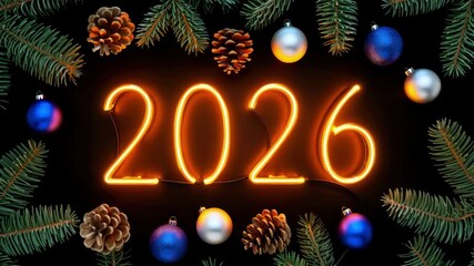 New Year 2026, glowing numbers, holiday celebration, Christmas decorations, festive lights, pine branches, winter season, colorful ornaments, dark background, seasonal greeting - Powered by Adobe