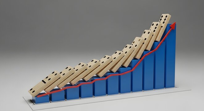 Domino Effect: Business Growth and Financial Risk Visualization with Rising Bar Chart and Falling Tiles
