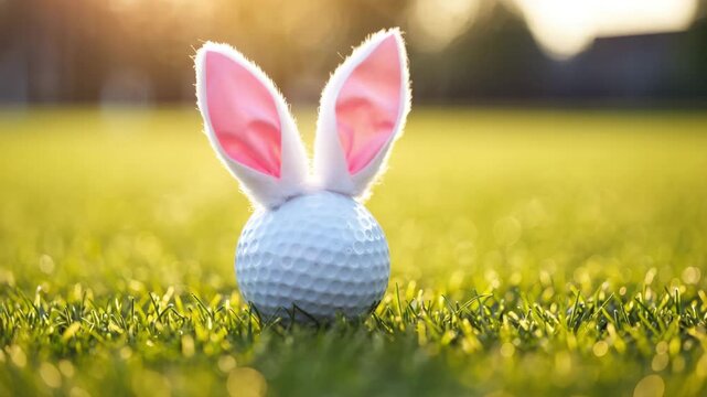 Golf ball with bunny ears, Easter sports concept, spring golf field, playful decoration, green grass background, holiday creativity, outdoor sunlight, whimsical idea