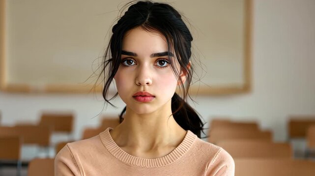 Intense Focus: A young woman's gaze is locked onto the viewer, conveying a mixture of concentration and subtle emotion against the soft backdrop of an empty classroom.