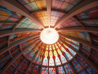 Colorful stained glass dome ceiling with central skylight