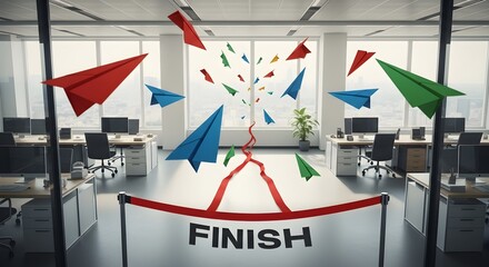 Creative Office Success Journey with Paper Planes and Finish Line: Symbolizing Achievement, Innovation, and Project Completion.