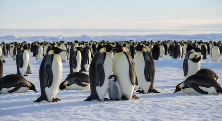 Majestic Emperor Penguins Thriving in Icy Antarctic Landscape, Showcasing Colony Life and Parental Care Under a Bright Winter Sun, a Symbol of Resilience and Natural Wonder