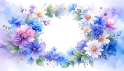 Fototapeta premium Spring Wildflowers Wreath. Abstract watercolor background frame