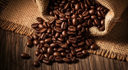 Rich Coffee Beans Spill from Burlap Sack, Evoking Warmth and Freshness on Rustic Wooden Surface – Ideal for Café, Morning, and Gourmet Themes