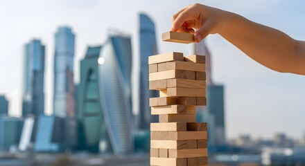 Hand Placing Block on Jenga Tower Against City Skyline: Concept of Business Risk, Growth, and Urban Development