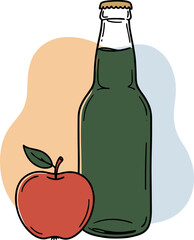 Green bottle drink with red apple in hand-drawn style  
