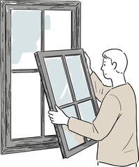 Man installing window frame in hand-drawn style concept  