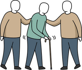 Elderly man walking with support from two friends in hand-drawn style  