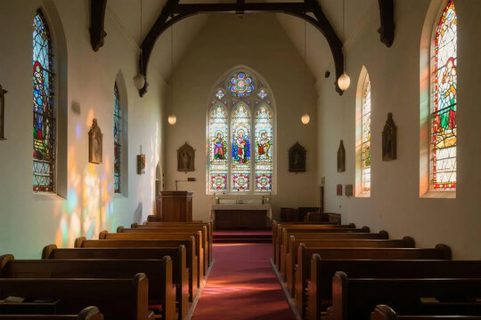 A peaceful church interior with stained glass windows, sunlight casting colorful patterns inside. - Powered by Adobe
