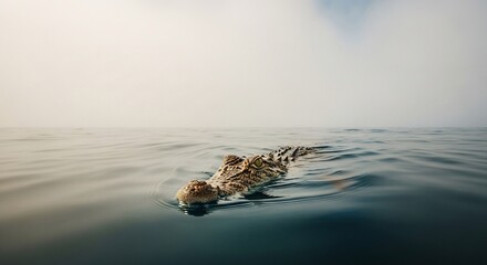 Close-up of a crocodile swimming in calm water with a hazy sky