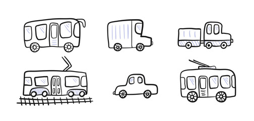 Cute kids style drawing doodle outline city transport for kid coloring books. Childish sketchy linear public city transport, car, truck for children educational or fun app or book, sticker, logo