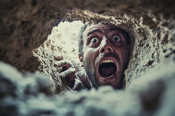 Fear of Being Buried Alive expressed by man trapped underground peeking through dusty cave wall with terror and shock in eyes