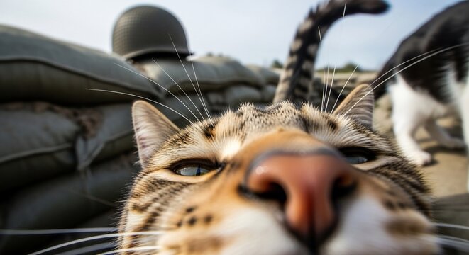Close-up of a tabby cat's face with a military helmet and sandbags in the background