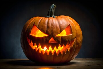 Glowing jack olantern with an evil face, a carved pumpkin on a wooden table, perfect for halloween, autumn, and spooky season decorations