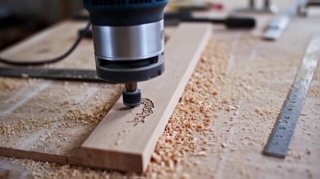 Precision woodworking: CNC router machine carving intricate details into a wooden board, surrounded by wood chips.