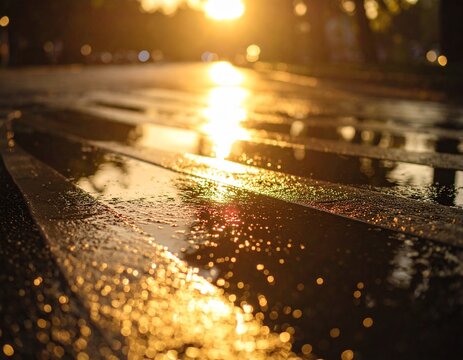 Luz c&aacute;lida reflejada en suelo oscuro con charcos