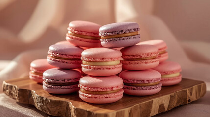 an array of artisanal macarons in vibrant shades of pink, lavender, and gold, delicately stacked on a polished wooden tray