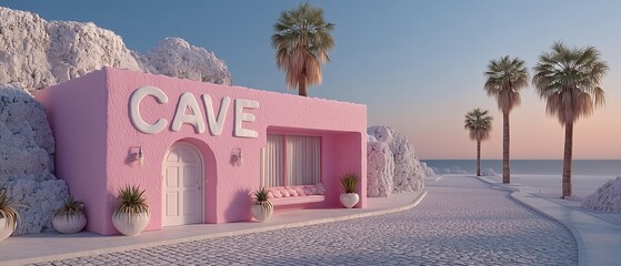 A whimsical pink cave house by the beach, surrounded by palm trees and rocky cliffs, evokes a serene, dreamy atmosphere, perfect for relaxation and creativity.