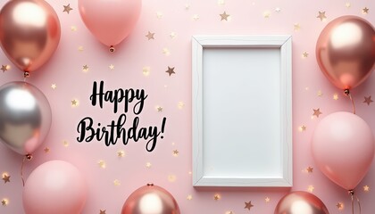 Happy birthday frame mockup with balloons, pink background, and star confetti  party photo template for celebration cards, invitations, and festive product displays