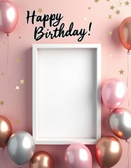 Happy birthday frame mockup with balloons, pink background, and star confetti  party photo template for celebration cards, invitations, and festive product displays