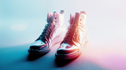 shoes in neon chrome futuristic style with bright background, bright colors, melting shapes, digital surrealism