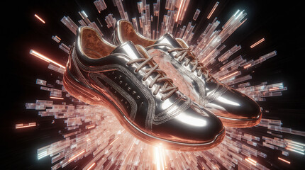 shoes in neon chrome futuristic style with bright background, bright colors, melting shapes, digital surrealism