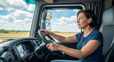 Caucasian female adult driving a truck on a sunny day with a clear sky view