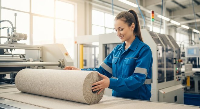 Female asian young worker operating textile machinery in modern factory setting
