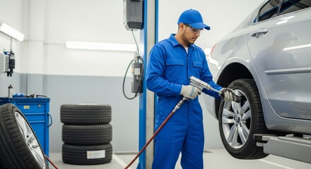 Hispanic young male mechanic in blue uniform checking tire pressure at auto repair shop