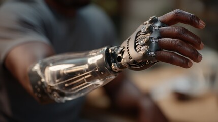 Medium shot showcasing a neuroadaptive prosthetic limbs socket interface emphasizing the responsive pressure adjustment system in crystal clarity while the users arm and