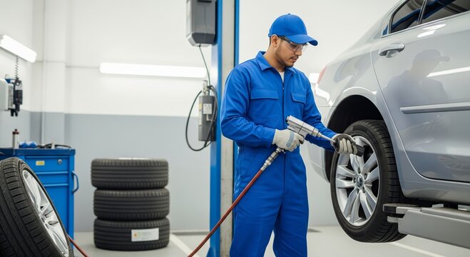 Hispanic young male mechanic in blue uniform checking tire pressure at auto repair shop - Powered by Adobe
