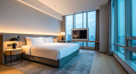 evening cityscape view from luxurious modern hotel room bed