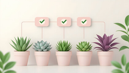A row of five potted succulents of various types are displayed against a light background with three pink squares containing green check marks above them