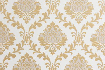 Repeating Floral Damask Motif in Muted Gold and White