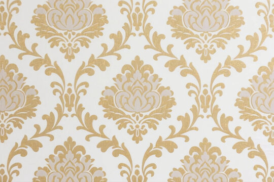 Repeating Floral Damask Motif in Muted Gold and White