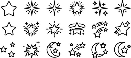 Black Line Shining Star Icons Set including Flat Sparkle Glow Magic and Celestial Symbol Collection with Minimal Star Icon Group for UI Web Night Sky Fantasy and Decorative Design 