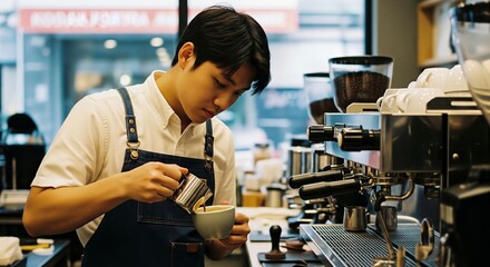 Young asian male barista skillfully preparing coffee at a cafe espresso machine