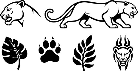 Naklejka premium Black Line Panther Icons Set including Flat Wild Cat Animal Predator and Jungle Symbol Collection with Minimal Panther Icon Group for UI Web Wildlife Safari and Nature Design 