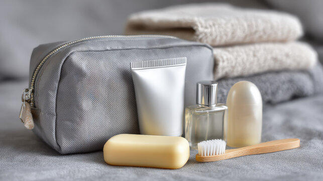 A set of essential personal hygiene items for travelers, perfect for hotels, spas, or travel blogs. The neutral, minimalist color scheme and eco-friendly accessories suggest a modern, clean style