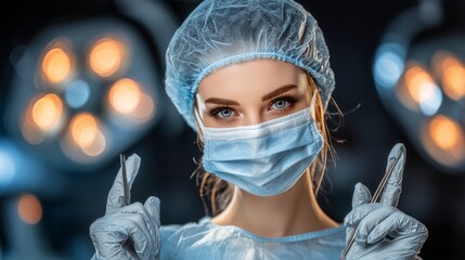 Headshot of young female surgeon wearing surgical mask and cap, holding surgical instruments in operating room with surgical lights in background